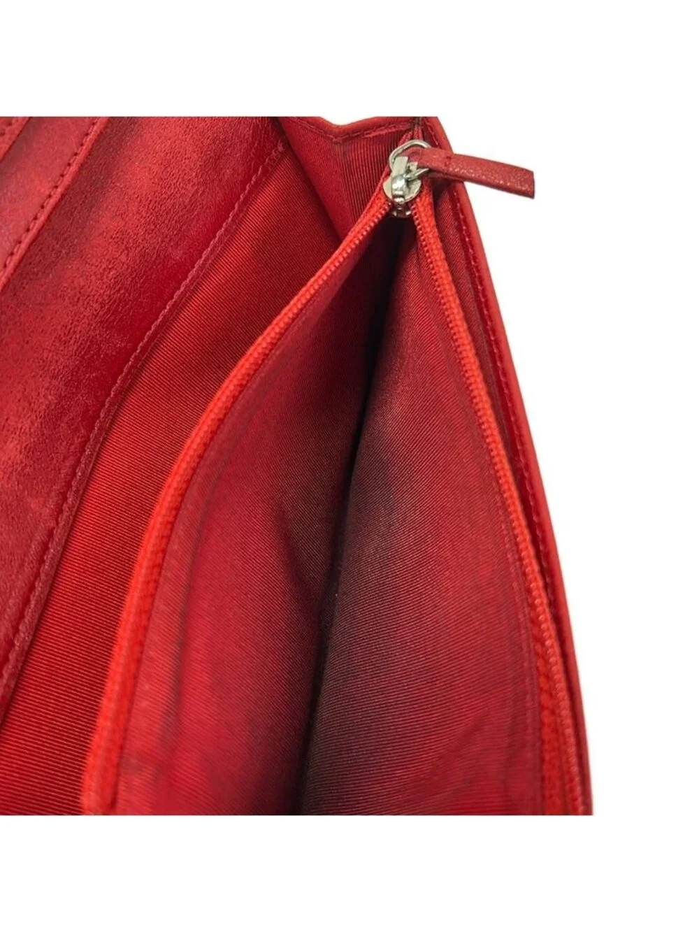 Chanel Wallet Quilted Red Silver Bifold Lambskin
